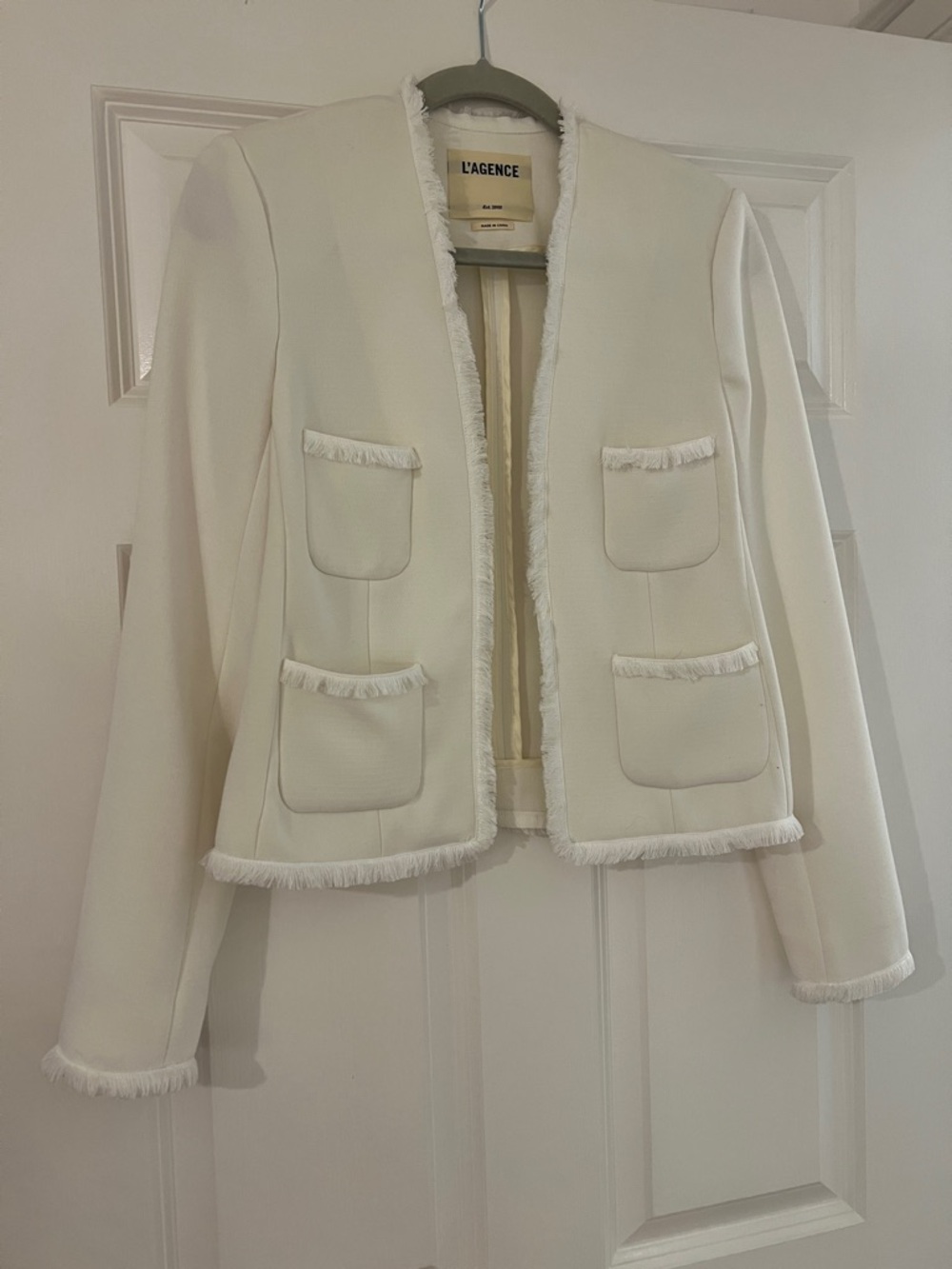 L'AGENCE Ivory Fringe Trim Collarless Jacket